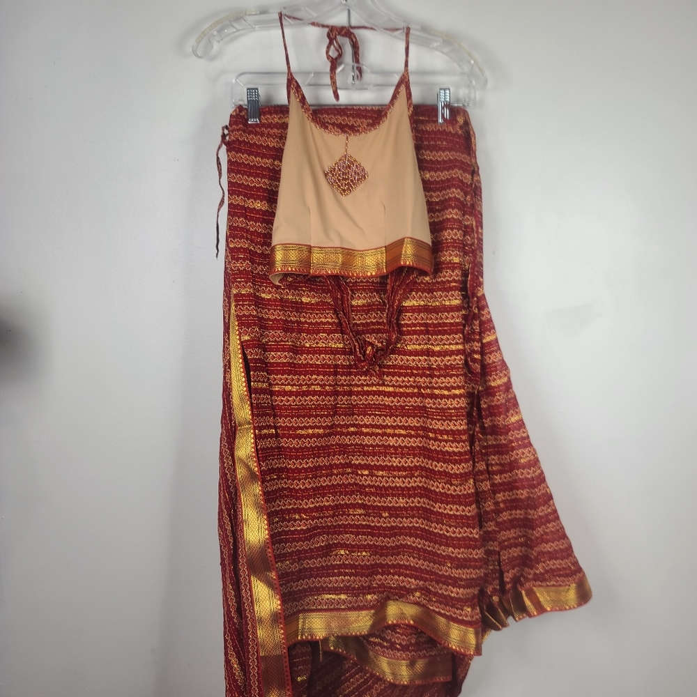 Red Sari Saree Skirt & Running Blouse Border Leheriya Print Regular Wear S - Picture 12 of 16